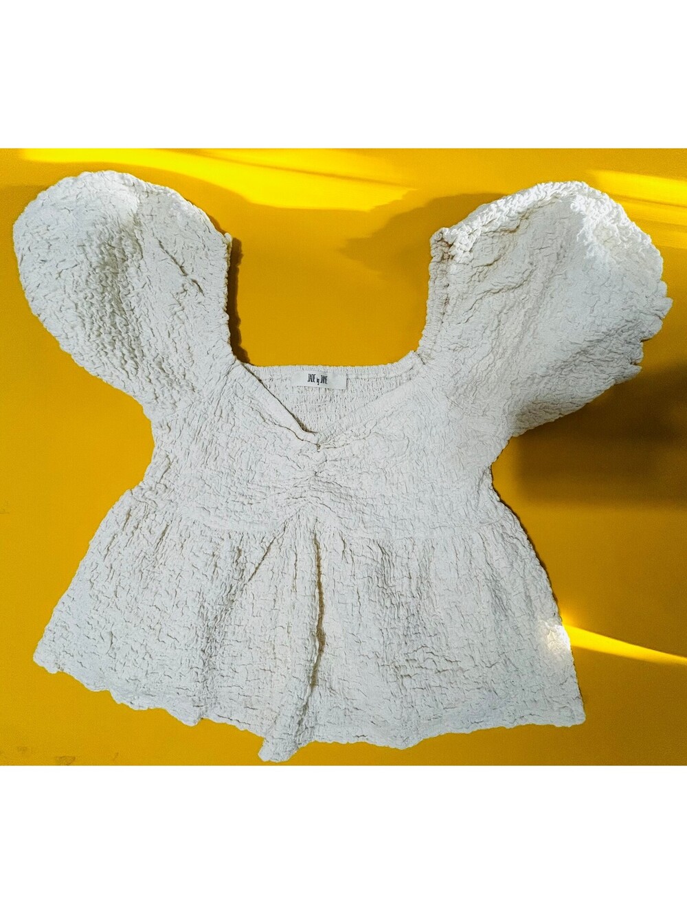 Jade by Jane Cream Sweetheart Puff Sleeve Blouse Smocked Peplum Top Women Size S